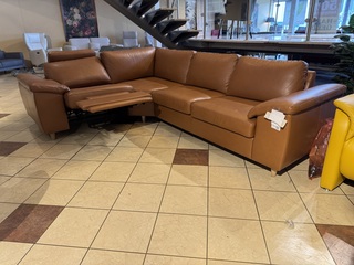 Hoekbank, cognac leder, elektrisch verstelbaar